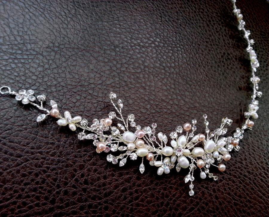 Wedding - Bridal Hair Vine with Rhinestones Freshwater Pearl Flowers and Swarovski Crystals