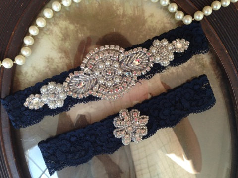 Hochzeit - SALE-Wedding Garter-Navy Blue Lace Garter Set - Rhinestone Garter - Applique Garter - Vintage - Bridal Garter - Vintage Garter - Toss Garter