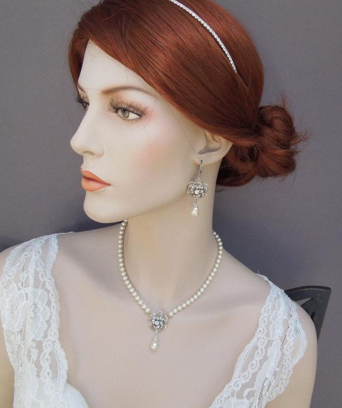 زفاف - Bridal Necklace, White Swarovski Pearls, Pearl Bridal Necklace, Pearl Rhinestone Necklace, Statement Bridal Necklace, Pearl, Rose, ROSELANI