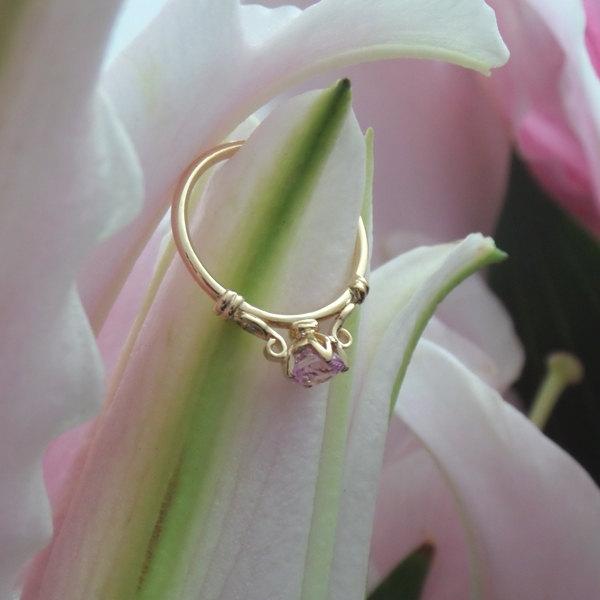 زفاف - Pink Sapphire Engagement Ring, Lotus Ring, Handforged E Ring with Faintly Pink Diamonds, OOAK -- Ready to Ship