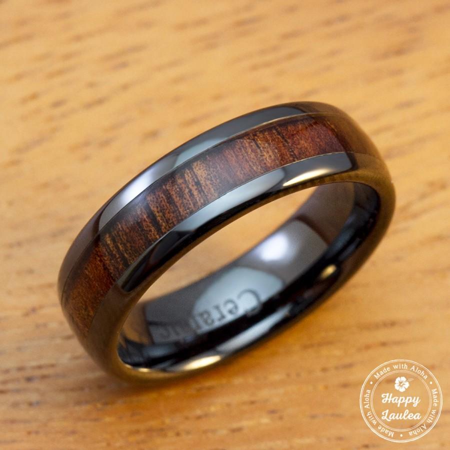 زفاف - Black Ceramic Ring with Hawaiian Koa Wood Inlay (6mm width, barrel shaped style, comfort fit)