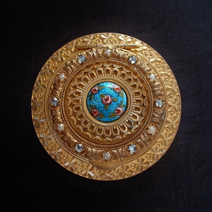 Свадьба - Sale JEWELED French ANTIQUE Compact Case Guilloche ENAMEL Roses Filigree Beveled Mirror Signed c.1900's