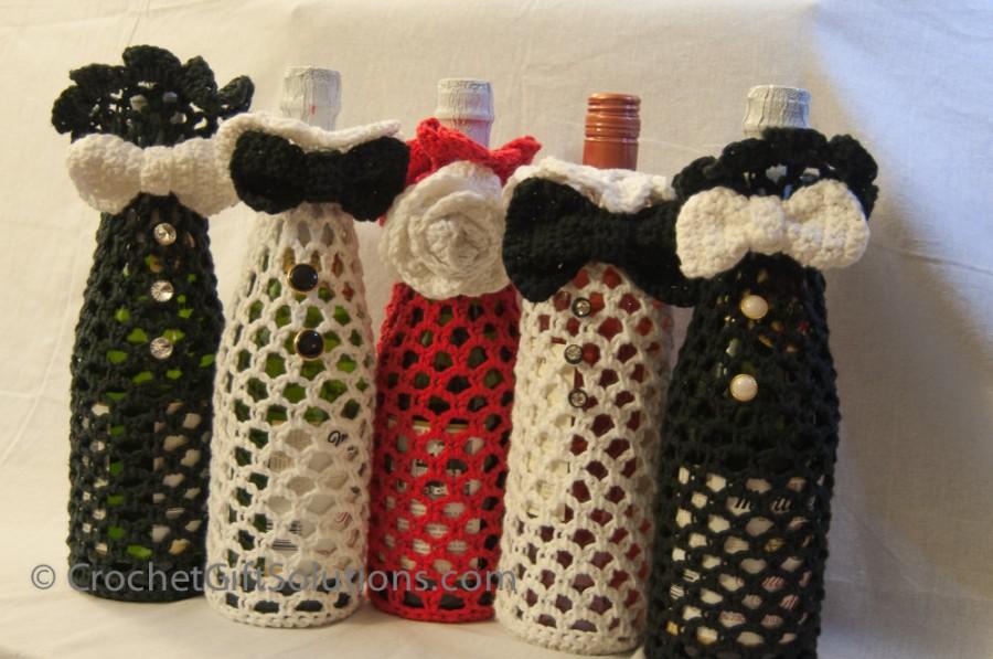 Mariage - Tuxedo Tote Bag, Tuxedo Wine Bag, Wine Bottle Bag, Wine Gift Bag, Crocheted Gift Bag, Unique Gift Bag, Crocheted Tote Bag, Wine Tote Bag