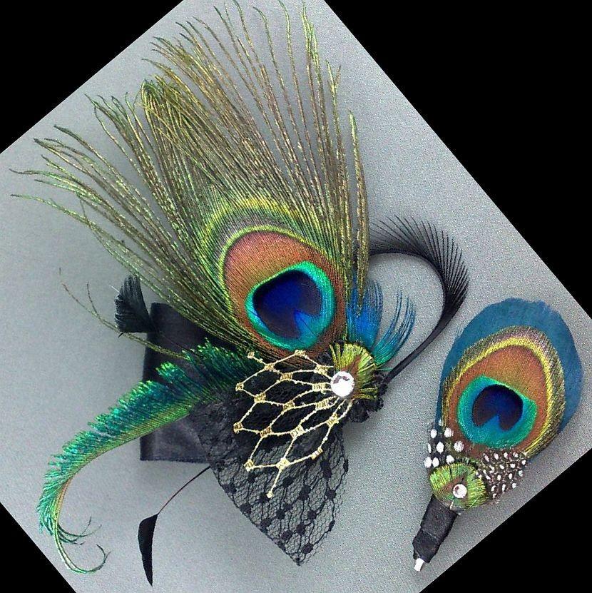 Hochzeit - Peacock Wedding Set, Bridal Fascinator and Groom Bout Pin, Something Blue Hair Clip, SIENNA PLUTO