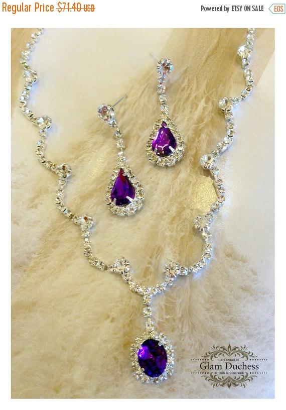 زفاف - Wedding jewelry set ,bridesmaid jewelry set, Bridal necklace earrings, vintage inspired rhinestone jewelry set, purple crystal jewelry se