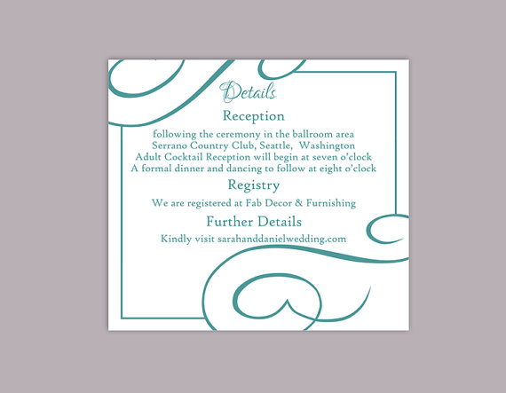 Wedding - DIY Wedding Details Card Template Editable Text Word File Download Printable Details Card Teal Blue Details Card Information Cards