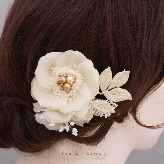 زفاف - Swarovski Pearl Bridal Head Piece, Gold Bridal Hairpiece, Wedding Hairpiece, Ivory Wedding Hair Piece, Gold Bridal Hair Accessory, Pure Silk