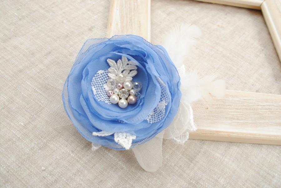 Свадьба - Blue Hair Flower, Bridal Hair Pin,  Pearl Crystal Hairpiece, Hair Flower, Blue Wedding Hair Accessories, Vintage