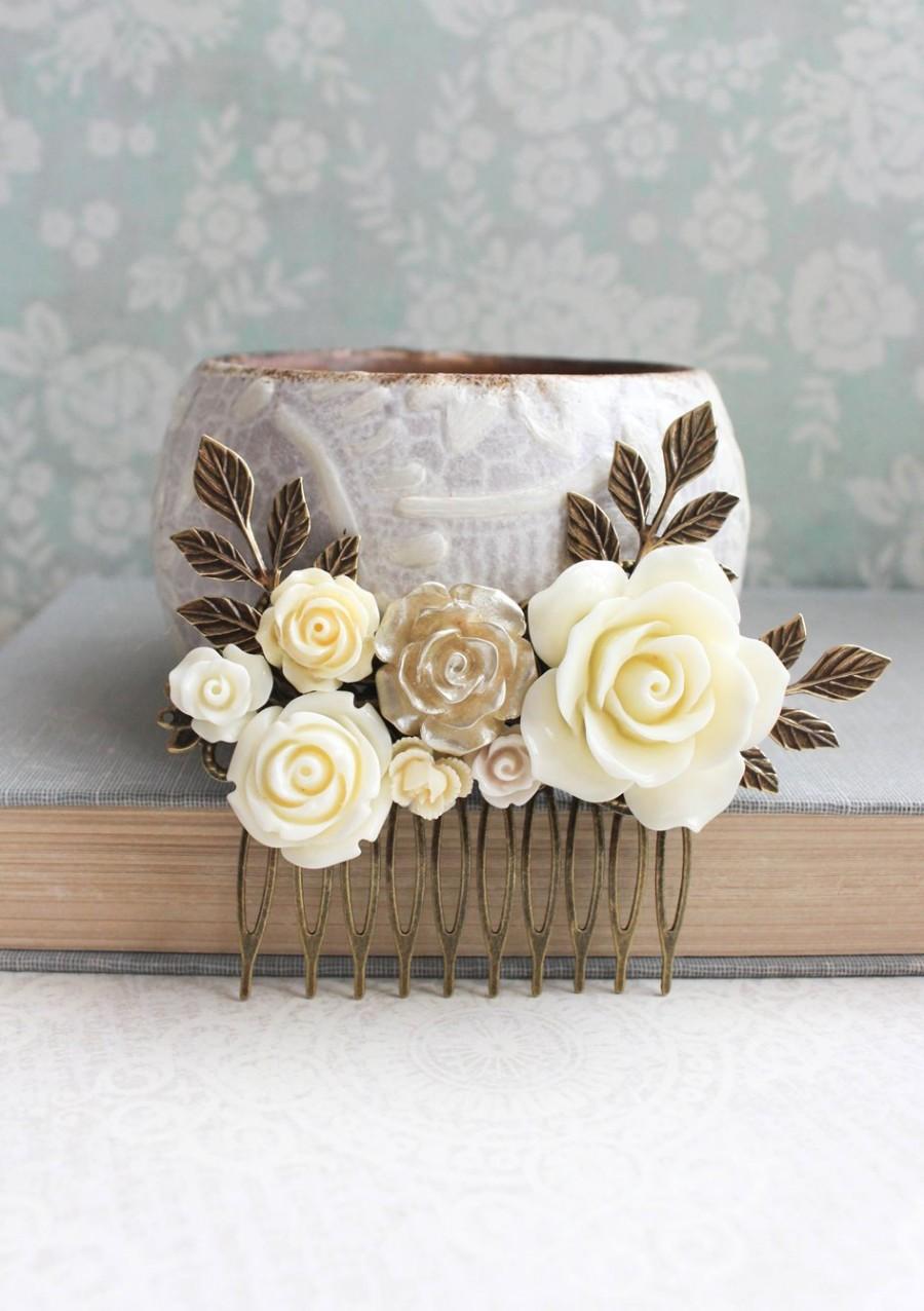 Wedding - Bridal Hair Comb Gold Rose Comb Ivory Cream Flower Bridal Hair Piece Shabby Vintage Inspired Country Chic Wedding Leaf Branch Rustic Nature