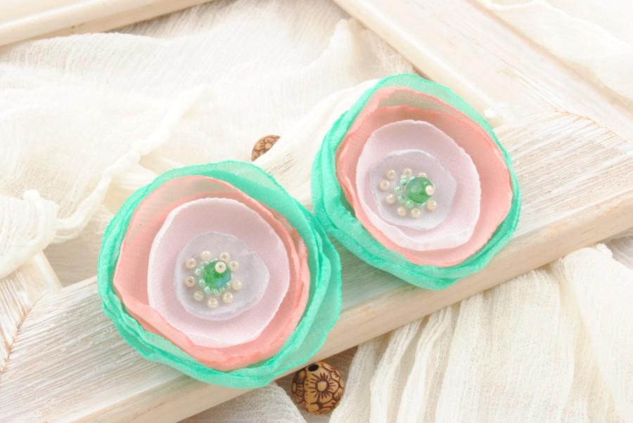 Wedding - Mint Pink White Flower Hairpin, flower pin, hair jewelry, flower hair clips, hair pin, hair accessories, bridal headpieces, bobby pins,