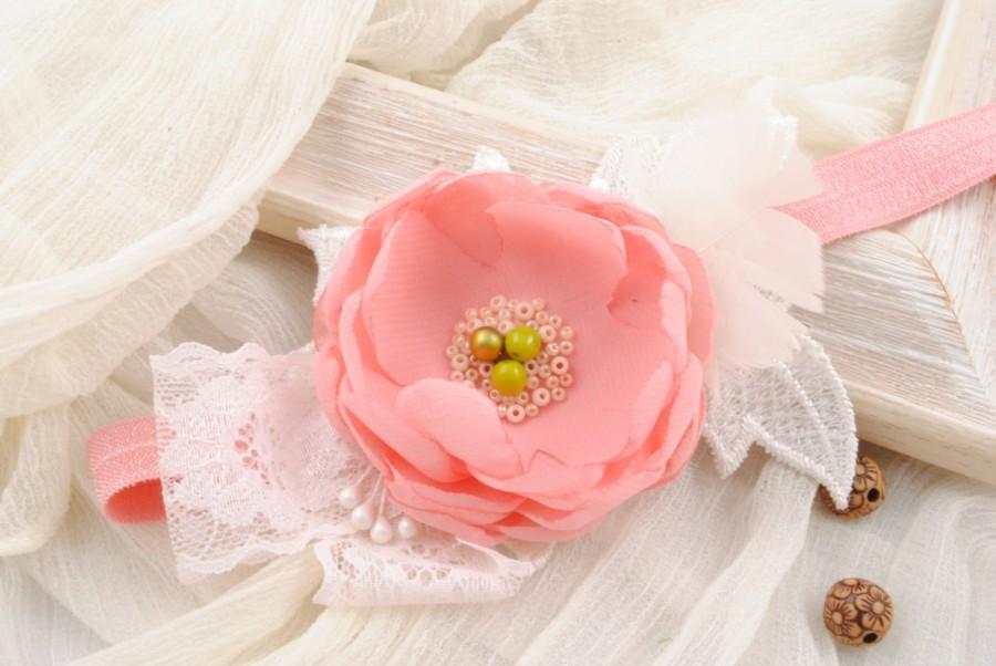 Wedding - Pink Flower Headband, flower girl headband, baby hair bow, hair accessories, baby headband, vintage style chiffon bow, woman hair accesories