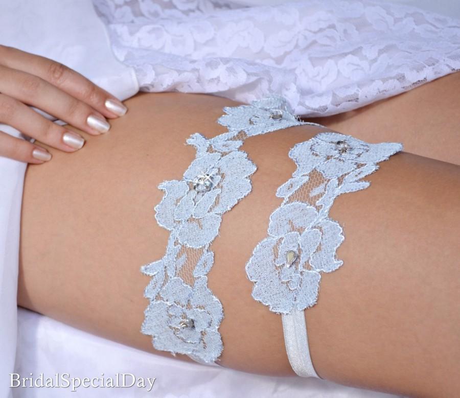 Mariage - BLACK FRIDAY SALE 20% Pale Blue Lace Wedding Garter Set Sky Blue Bridal Garter With Lace and Strass - Handmade Bridal Accessory