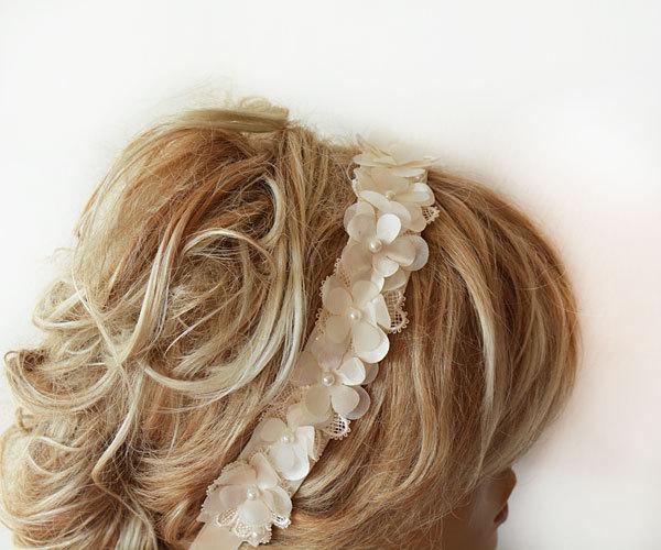 زفاف - Lace ıvory Pearl  Flowers Headband, Bridal Hair Accessories, Wedding Hair Accessories, Pearl Headband,  Bridal, Bridesmaid Headband
