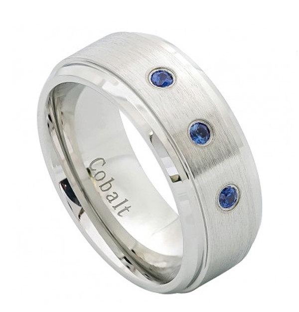 Hochzeit - 9MM Men's Women His Hers Wedding Engagement Band Brushed Center Cobalt Ring three 0.05ct BLUE SAPPHIRE Stones Polished Step Beveled Edge
