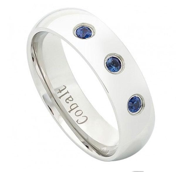 زفاف - 6MM 0.15 Carat Men Women Unisex His Hers Wedding Engagement Band High Polished Domed Cobalt Ring three 0.05 Carat Round BLUE SAPPHIRE 5-9