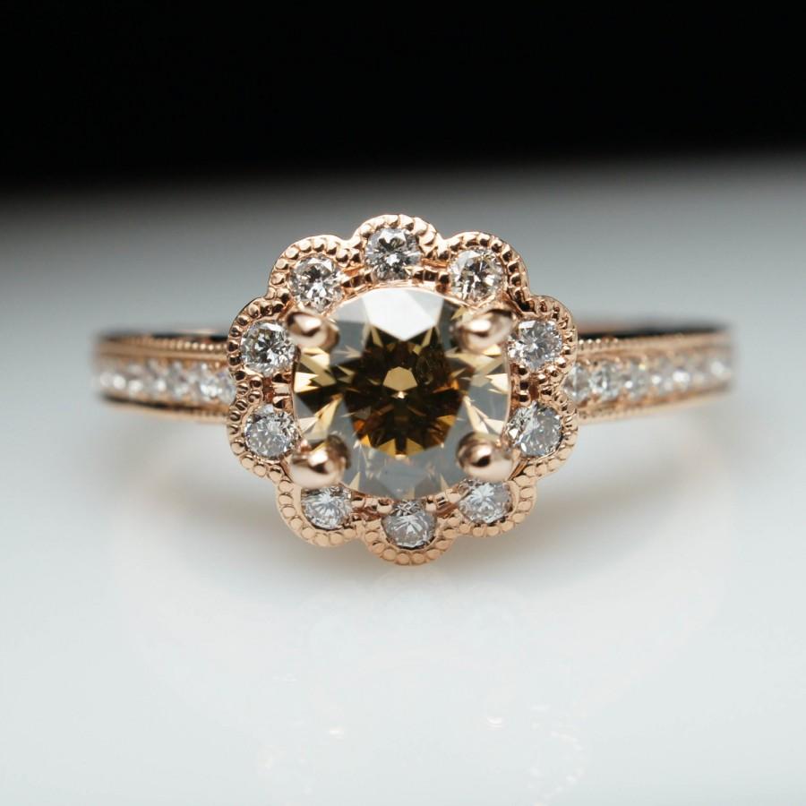 زفاف - 1.0ctw Champagne Brown Diamond 14k Rose Gold Flower Halo Diamond Engagement Ring - Free Sizing -Layaway Available