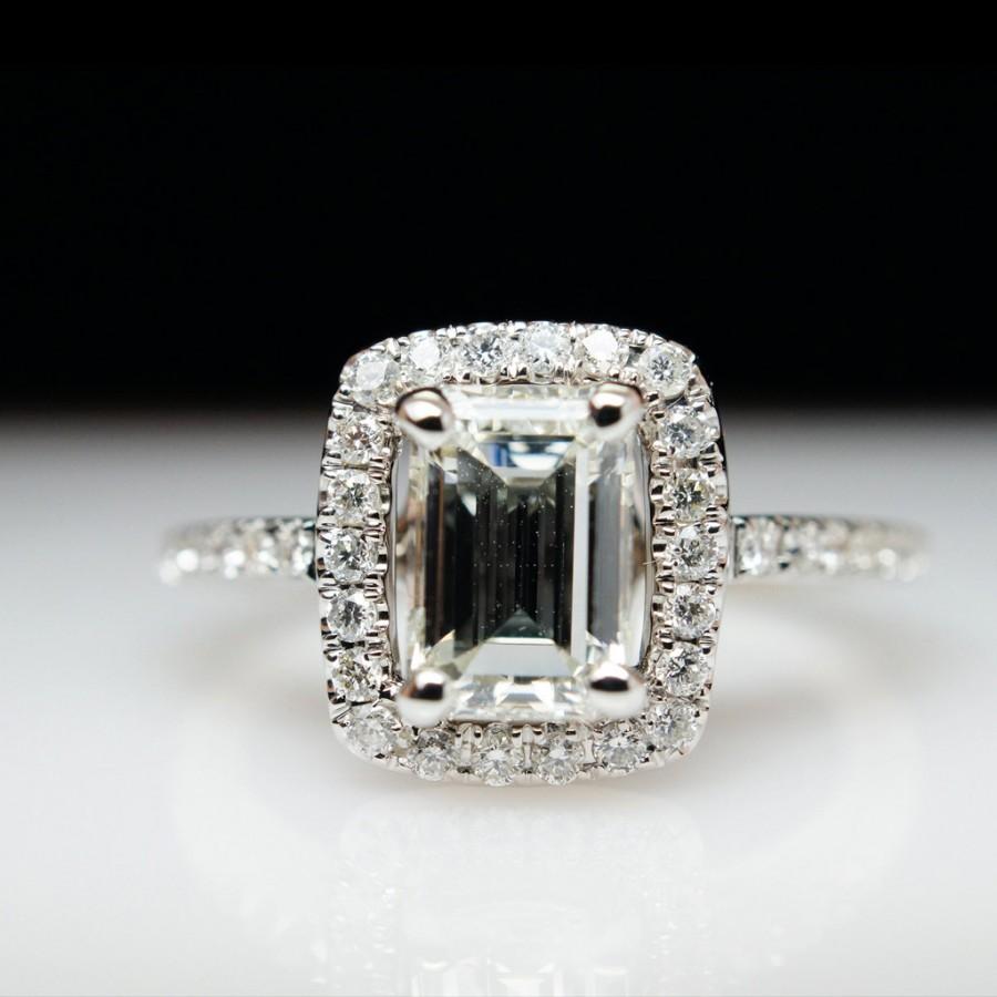 زفاف - SALE Emerald Engagement Ring Natural Diamond Ring Halo Emerald Cut 14k White Gold Wedding Band Included (Complete Bridal Wedding Set)