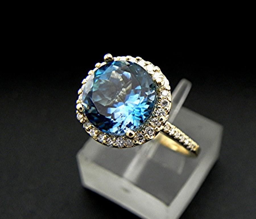 زفاف - AAA Natural London Blue Topaz 9mm  (3.80ct) set in 14K Yellow gold Halo ring with  .35 carats of diamonds