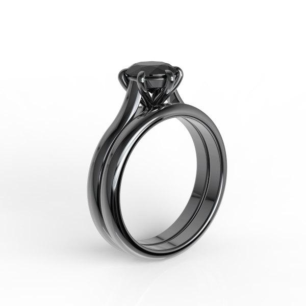 زفاف - 10k black gold wedding band and engagement ring set, 7mm round natural black onyx, AKR-474