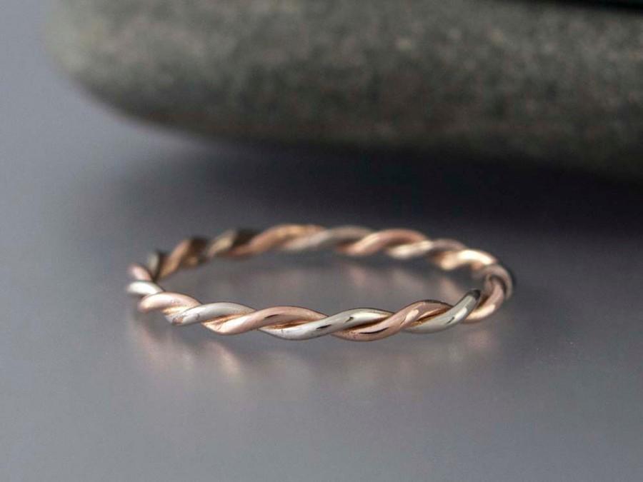 Mariage - Two Tone White and Rose Gold Twist Ring - Two Tone Mix of solid 14k Rose Gold, White Gold or Yellow Gold - 1.6mm