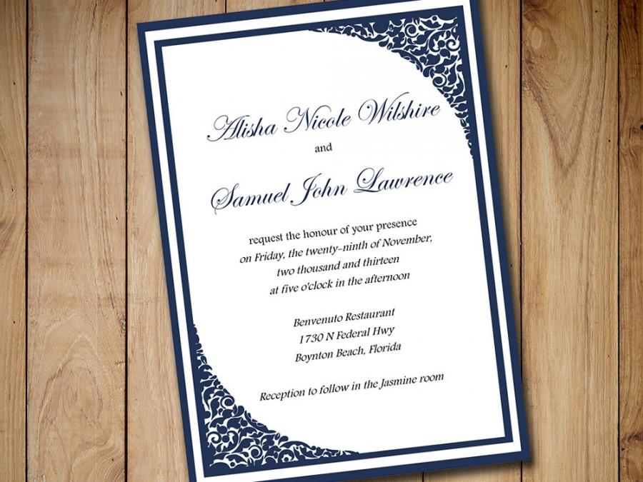 Printable Wedding Invitation Template Download Dark Navy Blue 