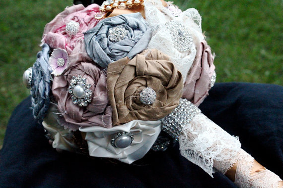 زفاف - The Catherine fabric, rhinestone, crystal and lace bouquet - Made to Order