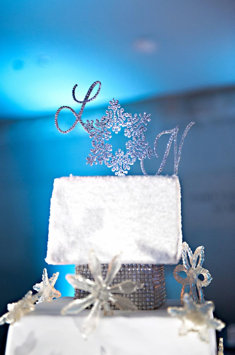 Свадьба - Custom Snowflake Cake Topper - Custom Shape - Brush Metal - Swarovski Crystal Cake Topper - Removable Stakes