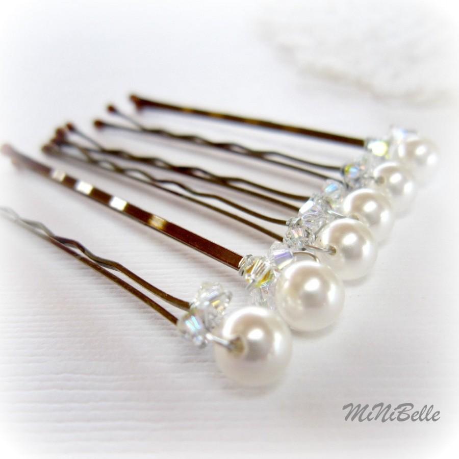 Wedding - Bridal Hair Pins. White Pearl Hair Pins. Pearl Hair Pins w Swarovski Crystal Accents. Set of 6 Hair Pins