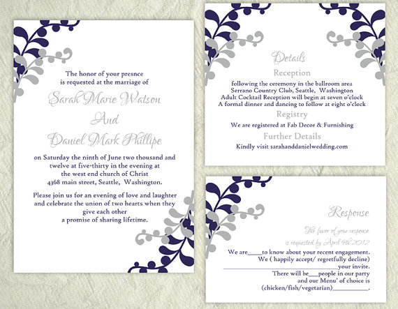 Hochzeit - DIY Wedding Invitation Template Set Editable Word File Instant Download Printable Invitation Gray Wedding Invitation Blue Invitations