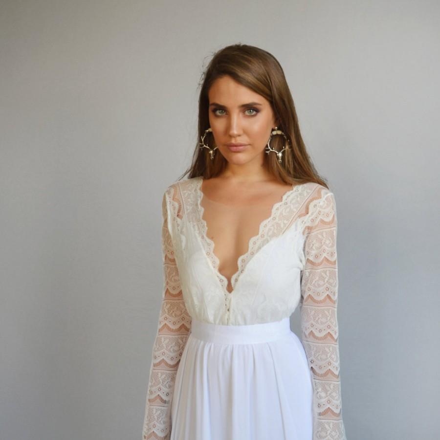 Wedding - Lace wedding dress, long sleeves wedding dress, deep V neck line ,train  chiffon wedding dress