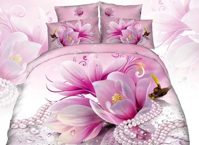 زفاف - Pink Blooming Flowers Necklace Print 4-Piece Cotton Duvet Cover Sets
