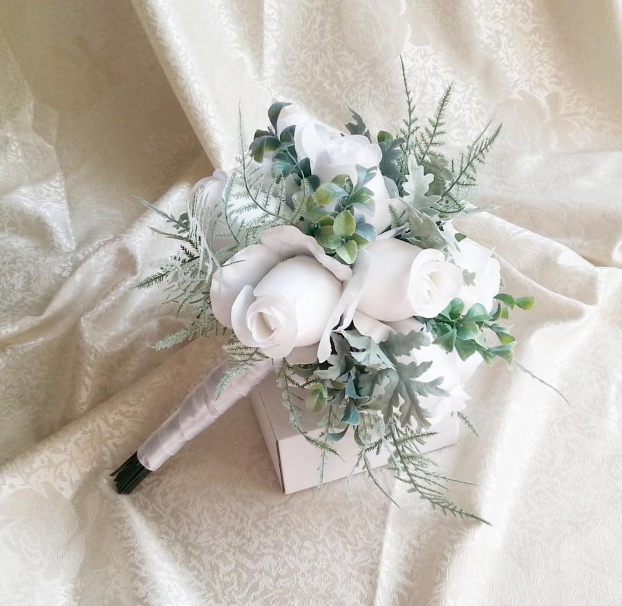 Mariage - White fabric roses dusty miller frosted fern flowers wedding BOUQUET satin Handle, greenery bride, custom