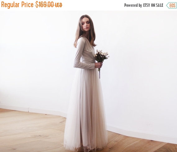 Mariage - Champagne maxi tulle gown with long sleeves , Bridesmaids maxi champagne dress