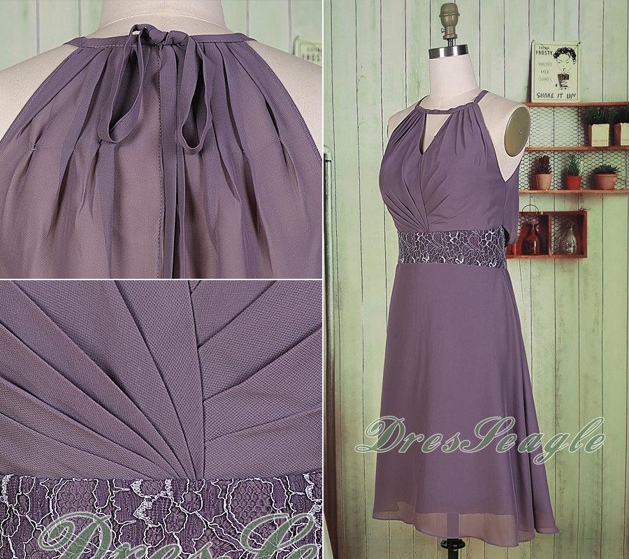 Свадьба - A line jewel purple chiffon lace belt short bridesmaid dress, Short purple chiffon and lace prom dress,Purple Mother of the bride dress
