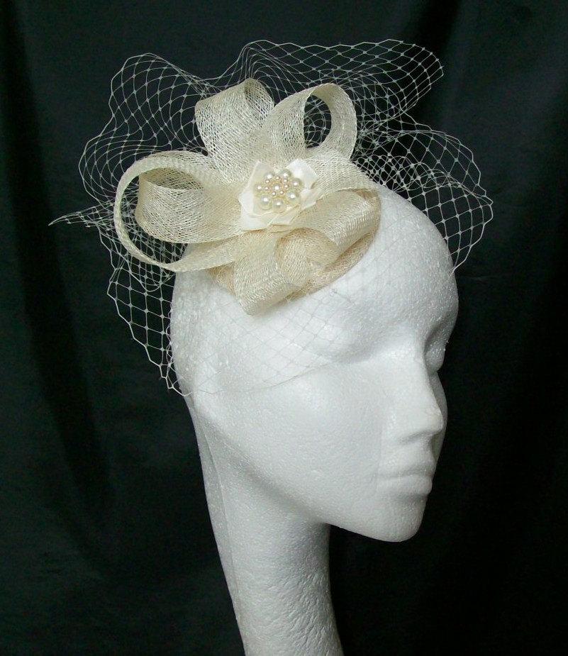 Hochzeit - Ivory Cream Veil Sinamay Loop & Pearl Bridal Wedding Fascinator Mini Hat - Custom Made to Order