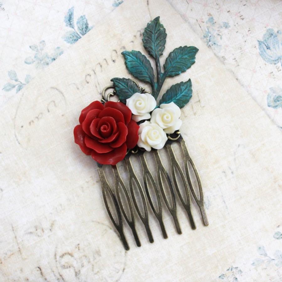 Hochzeit - Bridal Hair Comb Deep Red Rose Hair Comb Flower Hair Comb Cream Rose Leaf Rustic Branch Winter Wedding Christmas Accessories Country Chic