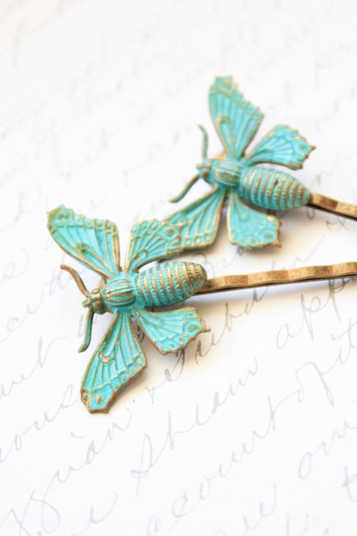Hochzeit - Butterfly Bobby Pins Insect Hair Pins Teal Blue Patina Brass Woodland Wedding Garden Bridal Hair Accessories Wings Rustic Bridesmaids Hair