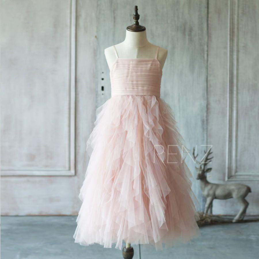 زفاف - 2015 Junior Bridesmaid Dress, Spaghetti Strap Blush Pink Flower Girl Dress Ruffle, Girl Cocktail dress, Maxi dress, Puffy dress (JK012)