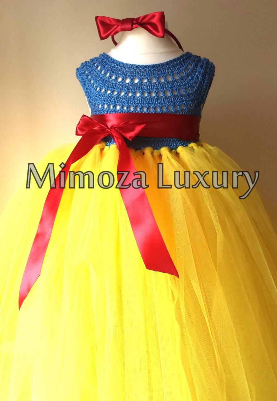 Wedding - Snow White Luxury Princess dress, Flower girl dress, tutu dress, blue crochet top yellow tulle dress, knit tutu dress snow white