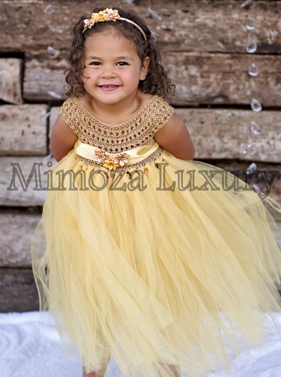 Mariage - Gold Flower girl dress, gold tutu dress, gold bridesmaid dress, golden princess dress, gold crochet top tulle dress, hand knit tutu dress