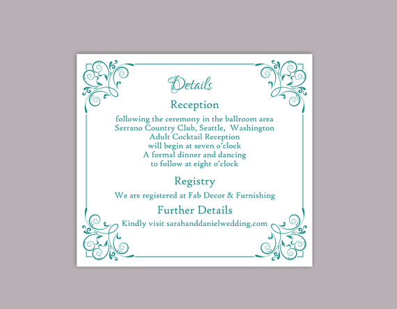 Hochzeit - DIY Wedding Details Card Template Editable Text Word File Download Printable Details Card Teal Blue Details Card Green Enclosure Cards