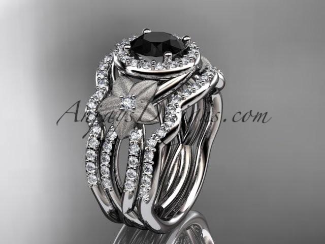 زفاف - platinum diamond floral wedding ring, engagement ring with a Black Diamond center stone and double matching band ADLR127S