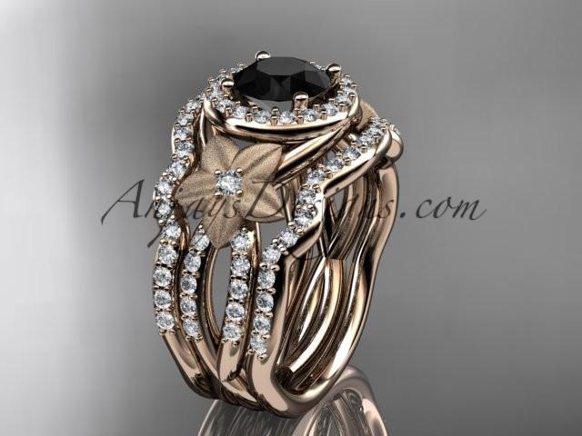 Hochzeit - 14kt rose gold diamond floral wedding ring, engagement ring with a Black Diamond center stone and double matching band ADLR127S