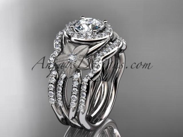 زفاف - platinum diamond floral wedding ring, engagement ring with a "Forever One" Moissanite center stone and double matching band ADLR127S