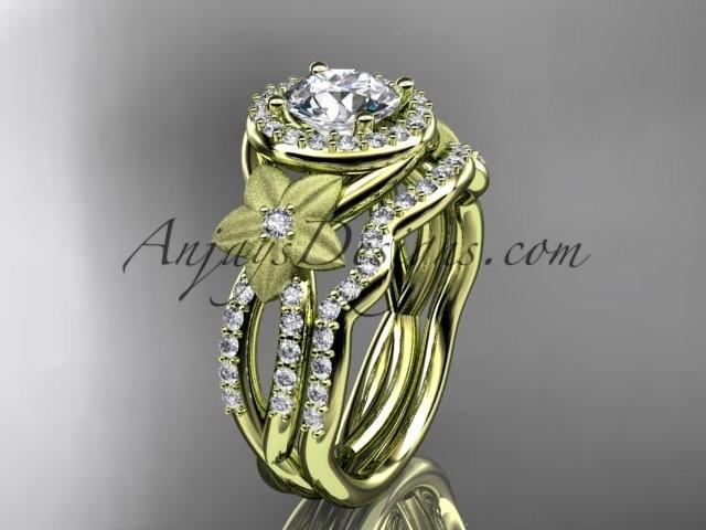 زفاف - 14kt yellow gold diamond floral wedding ring, engagement set with a "Forever One" Moissanite center stone ADLR127S