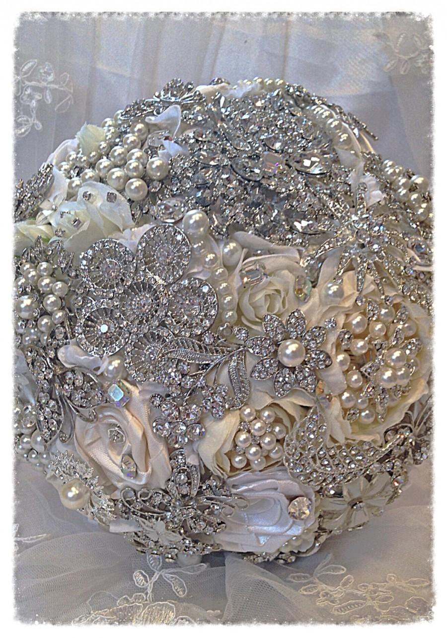 زفاف - Wedding Brooch Bouquet. Deposit on custom White Ivory Bridal Heirloom Pearl Crystal Bling Diamond Broach Bouquet
