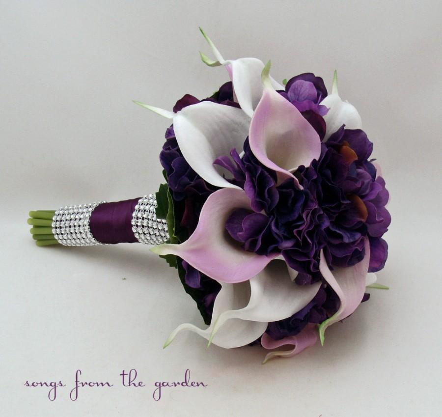 زفاف - Calla Lily Hydrangea Bridesmaid Bouquet Lavender White Purple Real Touch Calla Lily Hydrangea Wedding Flower Bouquet