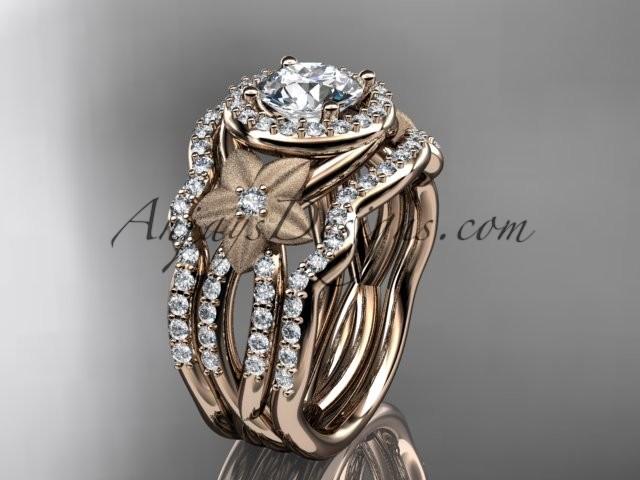 Wedding - 14kt rose gold diamond floral wedding ring, engagement ring with a double matching band ADLR127S