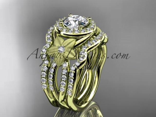 زفاف - 14kt yellow gold diamond floral wedding ring, engagement ring with a double matching band ADLR127S