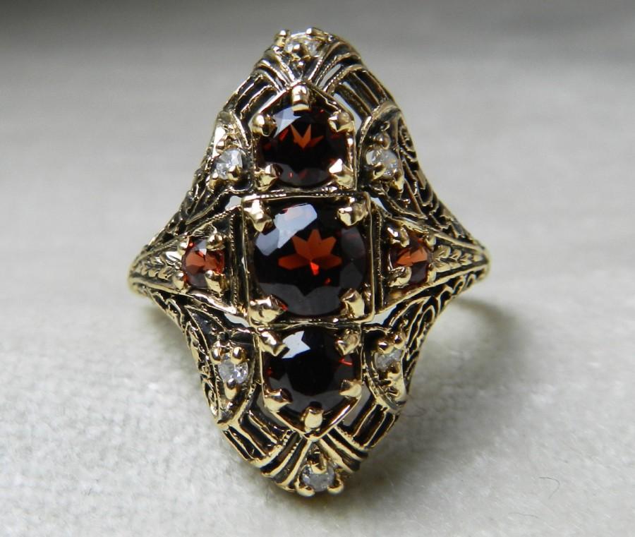 Свадьба - Antique Engagement Ring Garnet Engagement Ring 14K Art Deco 1.60 Ct Garnet Diamond Ring Unique Engagement January Birthday